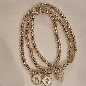 Gold Filled Stack Of Beaded Bracelets; Set Of Three; Cross Charm; Stretchy